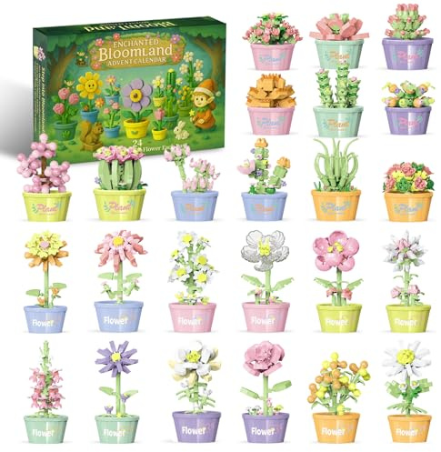 TAHAVICE Advent Calendar 2025 Flower Bouquet Building Blocks Set, 24 Days Christmas Countdown Calendar Tiny Succulent Botanical Gifts for Kids Teen Girls Boys