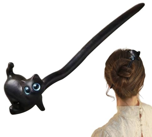 Horquilla decorativa de madera con forma de gato de ébano, elegante diseño largo, accesorio para el pelo para mujer, para bodas, fiestas, uso diario, joyas de