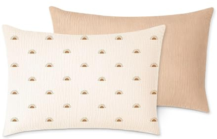 BAIFULAI Lot de 2 mini oreillers : 28 × 18 cm Lavable en machine Petit coussin de sieste Petit coussin pour poignet, genou, nuque, colonne lombaire, voyage (imprimé marron et soleil)