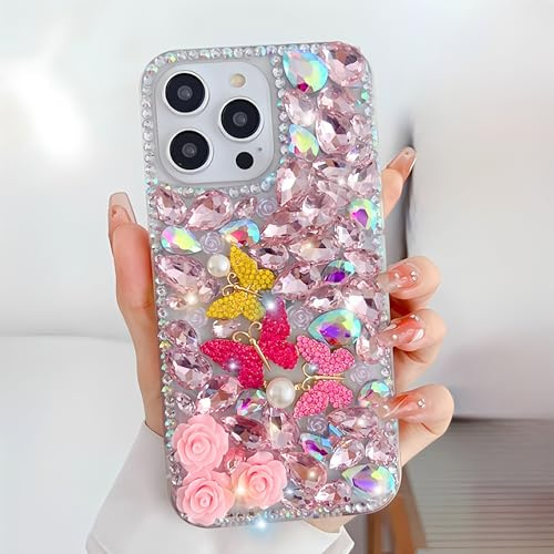 Ymyhyuxi Lyxigt 3D-fjäril, strass, telefonfodral för iPhone 12, kristallbling, diamantskydd med rosor och pärlor, flickmode, skyddsfodral, rosa.
