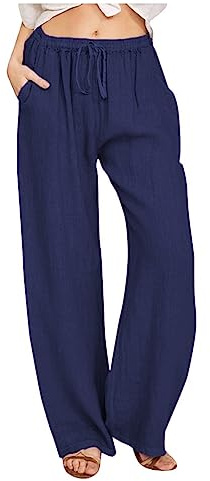 Pantalón de lino para mujer, de cintura alta, informal, algodón, fluido, elegante, ligero, transpirable, holgado, estilo Palazzo, viajes, vacaciones, elegante, boho A63