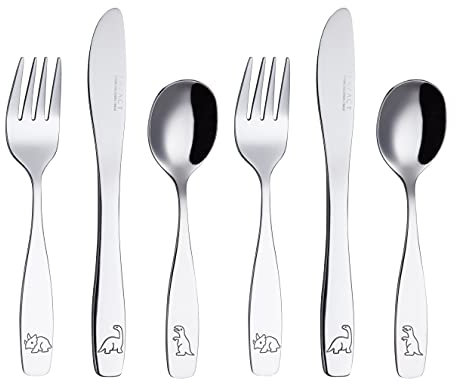 EXZACT Kinderbesteck 6 teiliges aus rostfreiem stahl/spülmaschinengeeignet Gravurbesteck - 2 x Gabeln, 2 x Sicherheitsmesser, 2 x Esslöffel - Dinosaurier (6 Stk Dinosaurier)