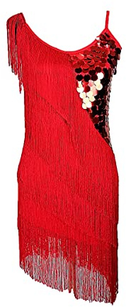 Grouptap Gonna da Ballo Latina Con Frange e Paillettes, Abito da Gara da Donna, Taglia da Salsa Samba Cha Cha (IT 36/40/42) (Rosso)
