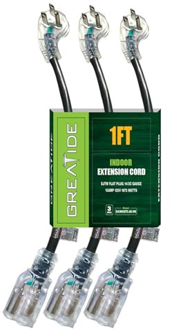 GREATIDE 1 Ft 14/3 Flat Plug Lighted Extension Cord, Heavy Duty 14 AWG 3 Prong Grounded Black Low Profile Extension Cable for Indoor, 3 Pack, UL Listed