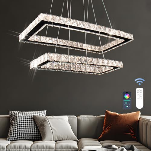 20.5 2-Ring Rectangular Crystal Chandelier, Dimmable LED Pendant Light 58W