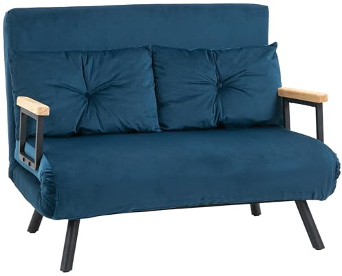 HOMCOM Sofá Cama de 2 Plazas 4 en 1 Sofá Cama Plegable Tapizado en Terciopelo con Respaldo Ajustable de 5 Niveles y Almohadas Acolchadas para Oficina Dormitorio Salón 102x73x81 cm Azul