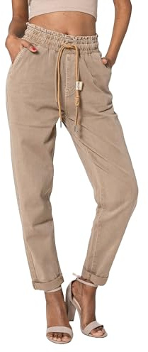 Nina Carter P500 dam lediga jeans i joggingstil, hög midja, jeans, joggingbyxor, sommarjeans, Sandfärger (P500-7), M Smal