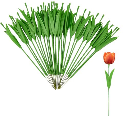 SUPERFINDINGS 30PCS Floral Wire Stem with Leaves Plastic Artificial Tulip Wire Stem Green DIY Flower Making Stem Rose Floral Wire Stems for Wedding Bouquet Flower Arrangement