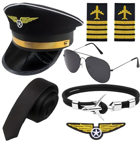 7 Pcs Pilot Costume for Kids Adult Set with Aviator Hat,Badge,Two Armband,Glasses,Tie and Aircraft Clasp Bracelet for Airline Captain Pilot Fancy Dress Costume Accessory