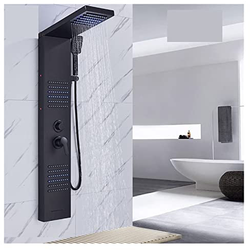 Matte Black Thermostatic Shower Mixer Set with LED Waterfall Rain Shower Faucet SPA Bath Column Double Handle Shower Panel Luxury Shower Tower (6004 Gold 1)
