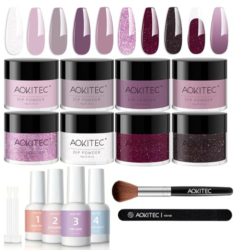 Aokitec Ensemble de 14 poudres à tremper pour ongles, poudre acrylique à paillettes lilas avec base à tremper, activateur de base, pinceau protecteur, ensemble de démarrage pour ongles pour débutantes