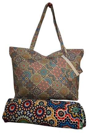 Bolso de playa grande diseño Mándalas con cremallera + toalla de playa, Ideal para Verano, Playa, Piscina y Vacaciones (Mándala Verde)