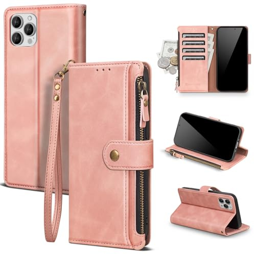 Scutumate for iPhone 13 Pro Max Wallet Case with Card Holder,Rose Pink