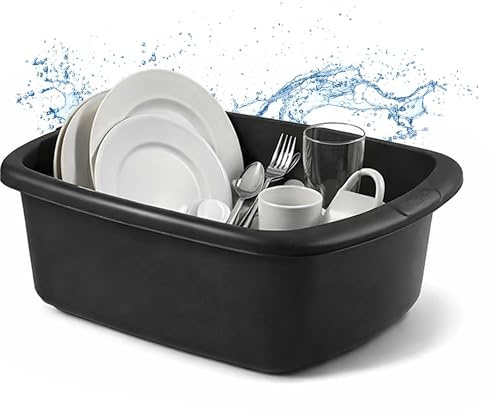 Large Washing Up Bowl for Sink – 9L Rectangular Plastic Kitchen Basin Heavy Duty, Deep Dish Washing Container Bowl for Everyday Cleaning & Food Prep Utility Use (Black)