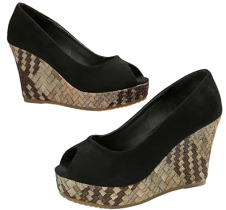 XHZPF Scarpe singole con tacco alto con tacco alto con tacco a cuneo bocca per donne in autunno, nuova scarpa singola poco profonda(Nero,39)