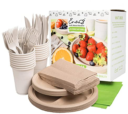 Eco-friendly Camping Supplies [16 Dinnerware Set] for Picnic Basket & Party Supplies. Compostable Paper Plates, Napkins, Biodegradable Utensils, Cups, Green Tablecloths, by Earth's Natural Alternative
