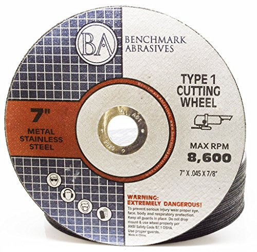 Benchmark Abrasives 7 Inch Aluminum Oxide Thin Type 1 Grinder Cut Off Wheels for Metal and Stainless Steel .045 Thick 7/8 Arbor, Angle Grinder Cutting Disc, Grinding Cutting Wheel - 25 Pack