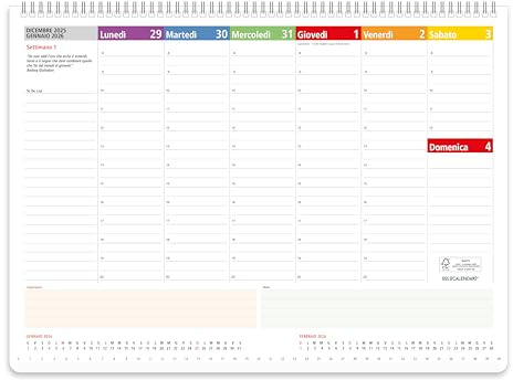 Planner 2026 Settimanale da Tavolo SPIRALATO con tutte le DATE 2026 STAMPATE in Carta ECOLOGICA Certificata FSC® Mix Credit - Planning 2026 perfetto per casa e ufficio con ANGOLI ANTIORECCHIE (30x42)