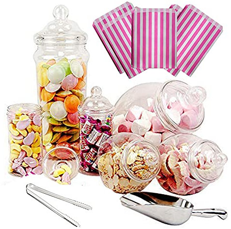 Purple Square 6 Jar Retro Pick & Mix Victorian Sweet Shop Candy Buffet Kit Party Pack with Scoop, Tongs & Bags - Pink Stripe