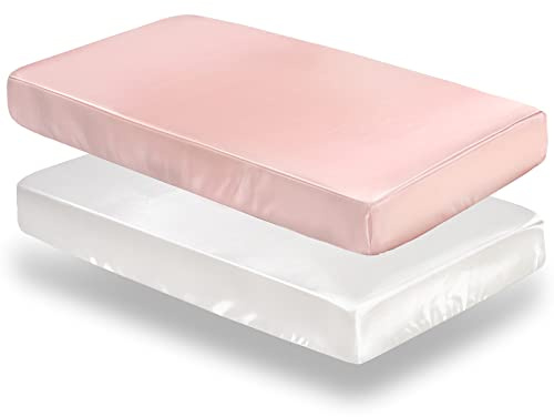 SiinvdaBZX 2 Pcs Satin Crib Sheets for Girls, Silky Soft Crib Fitted Sheets for Standard Crib and Toddler Mattress (Pink & White, 52 x 28 x 8In)
