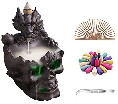 Romehaha Dragon Waterfall Incense Holder - Ceramic Backflow Burner with Skull Head, Zen Meditation Decor for Home, Bedroom, Yoga Studio - Unique Dragon Statue Gift for Aromatherapy & Relaxation