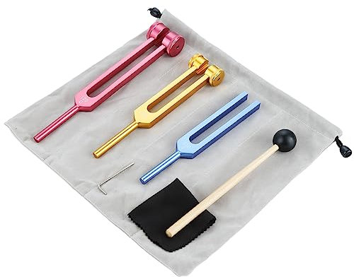DRELD Solfeggio Stimmgabeln Set 128Hz 256Hz 512Hz Chakra Stimmgabel Set aus Aluminium mit Reinigungstuch Tasche Schraubenschlüssel Silikonhammer für Chakra-Heilung Klangtherapie (bunt, 3 Stück)