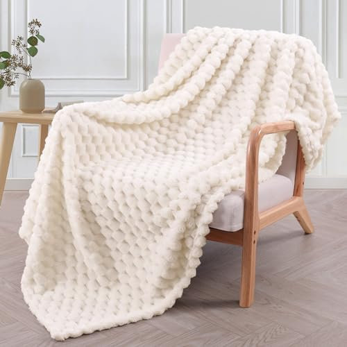 Exclusivo Mezcla Extra Large Soft Fleece Throw Blanket, 127x178 CM Stylish Jacquard Throw Blanket for Couch, Fuzzy Cozy Lightweight for All Season, Ivory