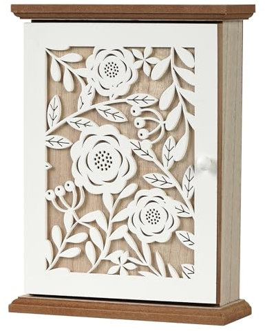 QILICZ Cassetta portachiavi in legno con motivo bianco, 6 ganci per chiavi, organizer da parete, L per ingresso, corridoio, ufficio