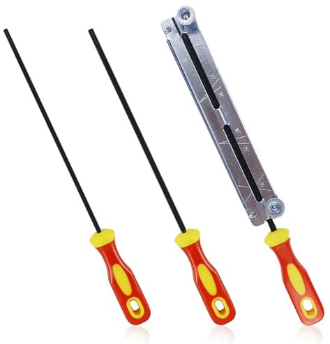Mumjooyi 3 Piezas Lima para Motosierra con 1 Guía de Afilado Afilador de Cadena Motosierra con Asa Fácil de Sostener 3 tamaños de 4,0 mm, 4,8 mm, 5,5 mm Adecuados para Motosierra