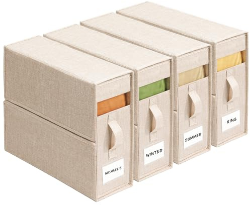 4 Pack Sheet Storage Organizer (King & Queen Size) with handle, Foldable Sheet Set Organizer for Linen Closet, Sheet Organizer for Blanket, Coverlet and Towel, Beige