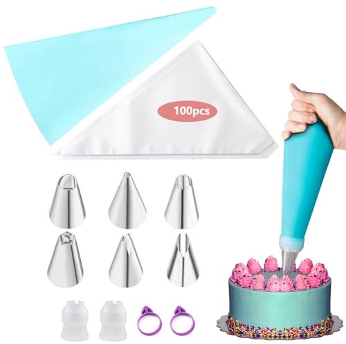 DBAILY Spritzbeutel Set, 100 Stück Einweg Mit 6 Edelstahl Spritztüllen, 1 Spritzbeutel Wiederverwendbar, 2 Kopplers und 2 Silikon Kabelbinder Zum Dekorieren von Kuchen, Gebäck