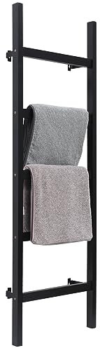 FUIN 57in Wall Mounted Wooden Blanket Ladder Living Room Decorative Farmhouse Quilt Display Holder Rustic Wood Towel Rack for Bathroom, Black