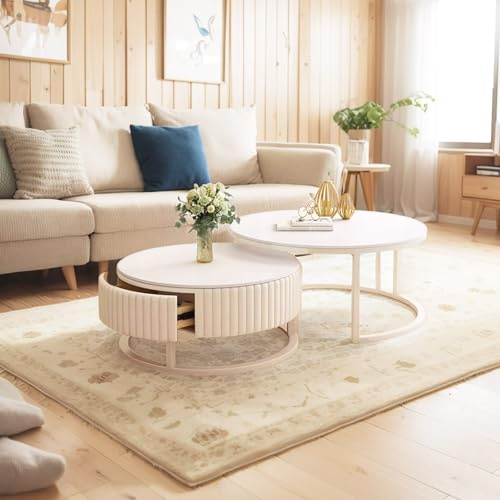 GonTzolkin Rund Couchtisch Marmor 2er Set Modern Couchtisch Weiß Mit Stauraum Schublade Weiss Wohnzimmer Tisch Für Couch Mit Metallrahmen Einfacher Aufbau Tisch Für Schlafzimmer Wohnzimmer