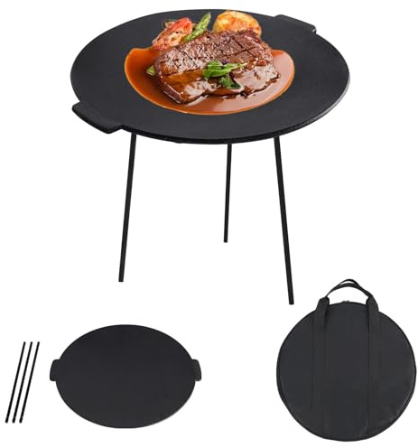 UISEBRT Sartén parrilla de hierro fundido de 45 cm de diámetro, plancha redonda con 3 patas, horneada para asar perfectamente, soporte holandés para horno holandés, incluye funda protectora