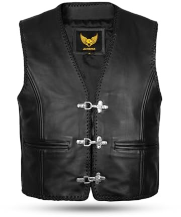 Leatherick Gilet da Motociclista in vera Pelle nera da Uomo - Design Classico Intrecciato, Lacci Laterali e Cerniera Gilet da Motociclista da Uomo con Fibbie a Gancio da Pesca