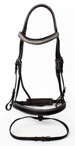 Leather English Bridle Headstall Reins Cowhide Genuine Horse Crossover Crossunder Raised Fancy Stitched Laced All Purpose Jumping Dressage Rubber Crystal Padded Adjustable Browband Full-Cob,M38 (Cob)