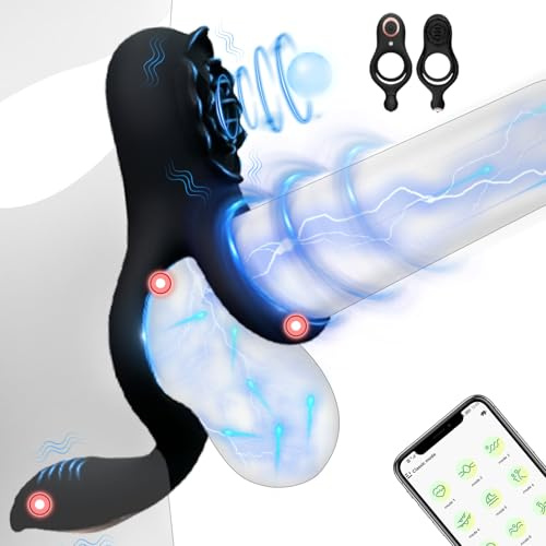 3 IN 1 Anillos Vibrador Pene con Cock Ring para Pareja, Juguetes Eróticos para Estimulador el Clítoris Mujer y Testicular Hombre, Silicone Masajeador con 9 Modos, Suave y Elástica, Duradero(APP-Negro)