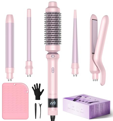 BESTOPE PRO Lockenstab, 5 in 1 Lockenstäbe Set mit Glätteisen, Thermobürste, 3 Keramische Lockeneisen (9mm- 25mm) für Große Locken, 13 Temperaturen, Hair Curler mit Hitzebest.Matte, Handschuh, Rosa