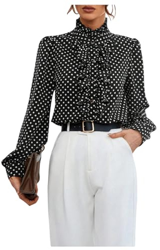 Floerns Women's Ladies Polka Dots Long Sleeve Ruffle Button Down Bussiness Dressy Casual Office Shirts Blouses Tops Black Large