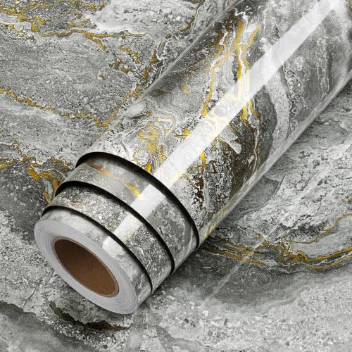 LaCheery 30 x 800 cm Självhäftande väggtapet, marmorimitation, grå, guld, vinyl, självhäftande, för köksmöbler, tvättbar, klistermärke, köksmöbler, grå, dekoration för bänkskiva, kontor