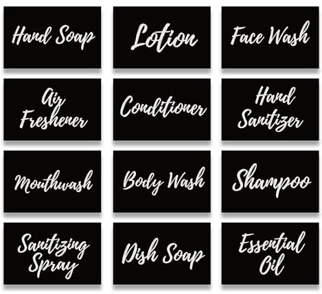 12 x Black & White Stylish Bathroom Bottle Labels – Waterproof Dispenser Stickers for Hand Soap, Shampoo & Conditioner