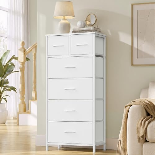 SONGMICS Chest of Drawers, 6 Fabric Drawers Storage Unit, Wooden Top and Steel Frame, 50.6 x 30 x 117.7 cm, for Bedroom, Closet, Hallway, Living Room, Cloud White LGS541W101