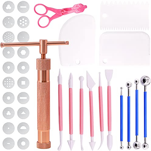 Swpeet Pistola extrusora de arcilla de oro rosa, 36 unidades, para fondant, pasta de azúcar, bolígrafo con rascador de plástico, herramienta de modelado de suministros de decoración de pasteles