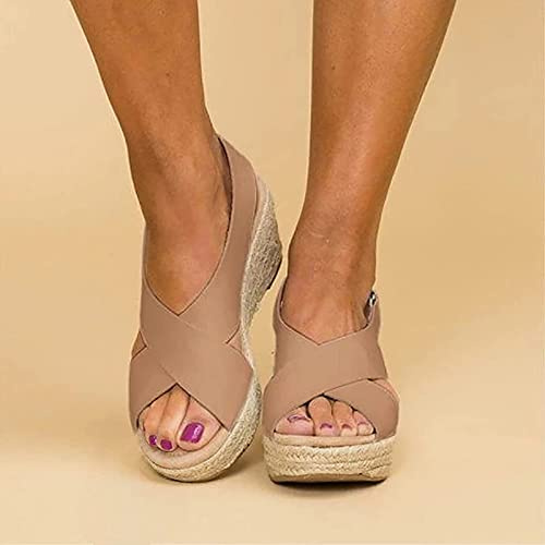 HHZY Sandalias de Plataforma con Cuña para Mujer Moda de Verano Zapatos con Hebilla de Punta Abierta Banda Cruzada Transpirable Correa de Tobillo Vintage Alpargatas de Playa,Marrón,US5/EU36