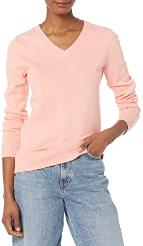 Amazon Essentials Pull 100 % coton à manches longues et col en V pour femme, pêche, taille XS