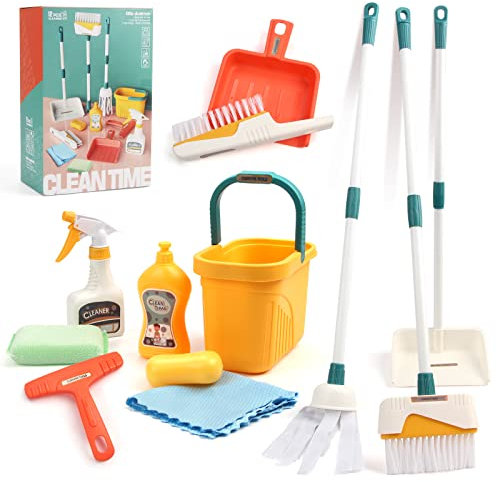 Coolplay Kids Cleaning Set for Toddlers Pretend Play Broom Set, 12pcs Mop and Cleaning Toys Set Pretend Playset Detachable Broom Mop Dustpan