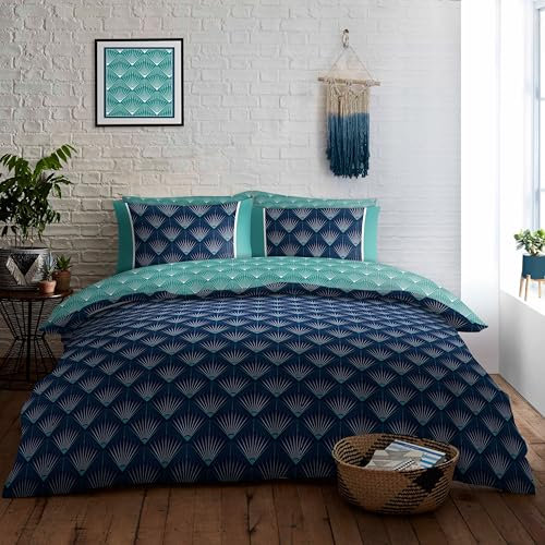 GC GAVENO CAVAILIA Reversible Bedding & Linen Set, Geometric Duvet Cover King Size Bed Set, Breathable Quilt Cover (230x220 cm), Blue Bed Covers, Kaya