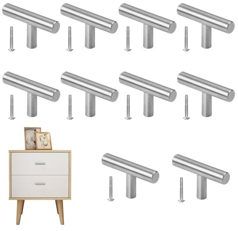 Dokeno 10 Pezzi Maniglie per Mobili da Cucina, Acciaio Inossidabile T Bar Maniglie per Mobili Monoforo con Viti, Maniglia T con Foro Singolo per Cucina Armadio Cassetto e Tiretti per Mobili