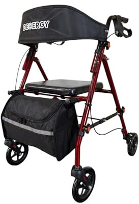 DEMERGY® Deambulatore per Anziani Pieghevole Leggero con Sedile Extra Spesso e Schienale 4 Ruote per Tutti i Terreni Freni Manuali Altezza Regolabile Include Zaino Ideale Anziani e Persone con Mobili