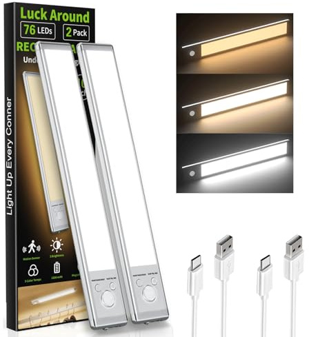 2 Pack Under Cabinet Kitchen Lights, 30cm Rechargeable 88 LEDs Wireless | Motion Sensor, 3 Color Temperatures, Wireless, Easy Installation, Aluminum Alloy, Low Power Consumption, for Cupboard, Stairs
